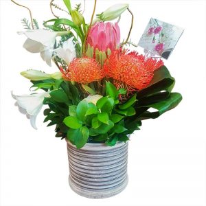 Clay vase with Pin Cushion and Protea VM2